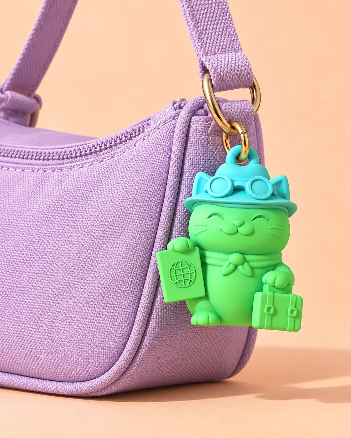 Tabi acompañando un bolso lavanda